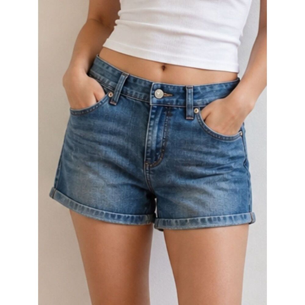 Tommy Hilfiger Sz 2 Women's Y2K Mid Rise Midi Distressed Stretch Jean Shorts